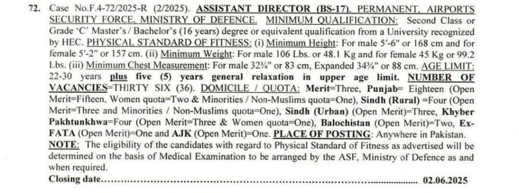 Airports Security Force ASF Jobs 2025 for Assistant Director by FPSC