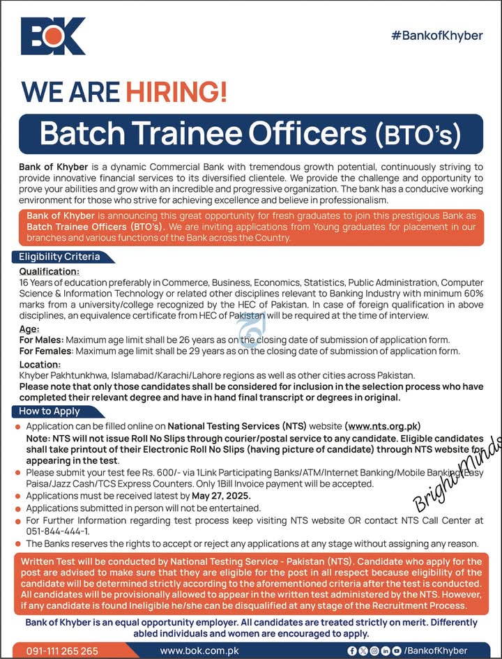 Bank of Khyber Batch Trainee Officers BTOs Program Jobs 2025