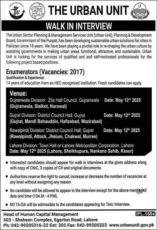 Govt of Punjab Urban Unit Enumerator Jobs Advertisement 2025