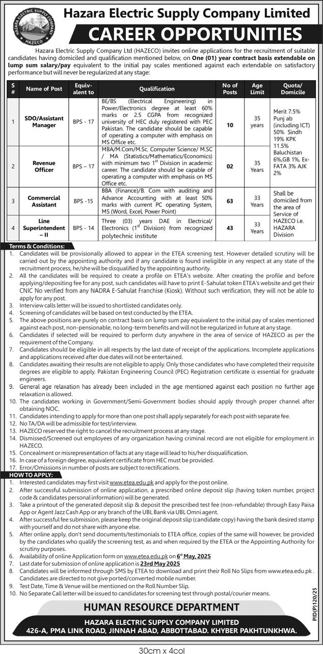 Hazara Electric Supply Company HAZECO Jobs 2025 Advertisement
