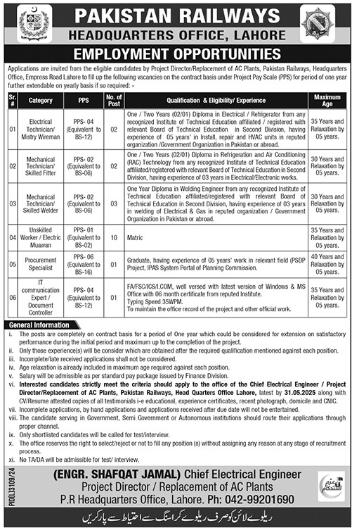 Pakistan Railways Headquarters Office Lahore Jobs 2025