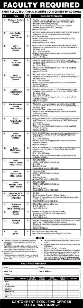 Cantt Public Educational Institutes Cantonment Board Taxila Teaching Jobs 2025