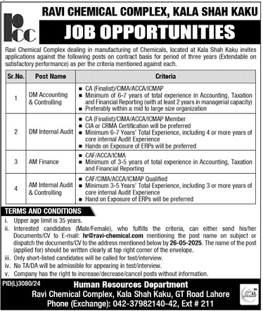 Ravi Chemical Complex Kala Shah Kaku Jobs 2025
