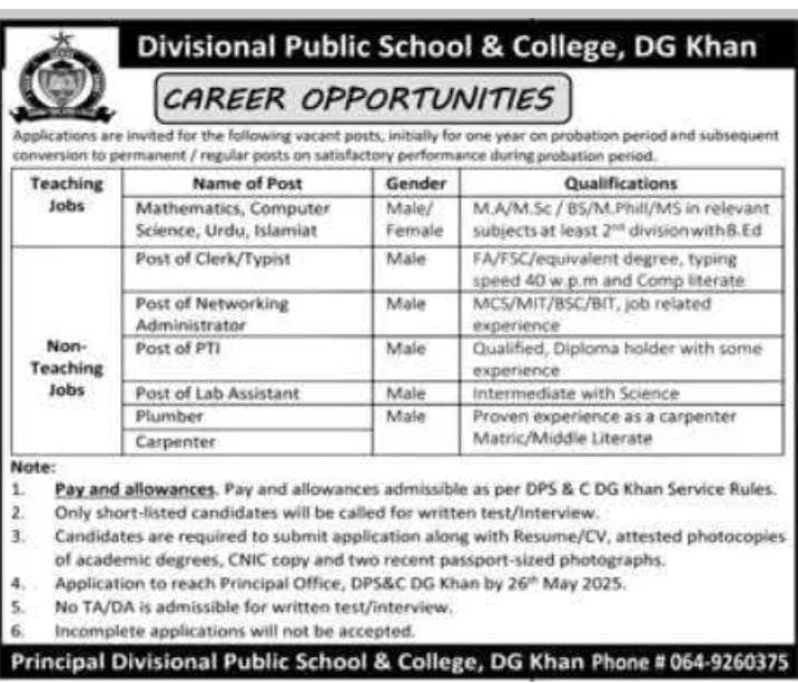 Divisional Public School & College DG Khan Teaching and Non Teaching Jobs 2025