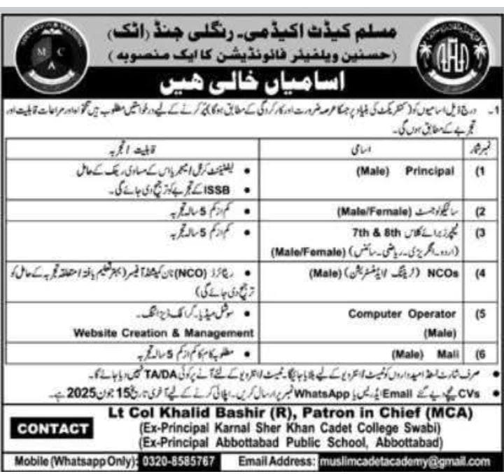 Muslim Cadet Academy Jand Attock Teaching and Non Teaching Jobs 2025