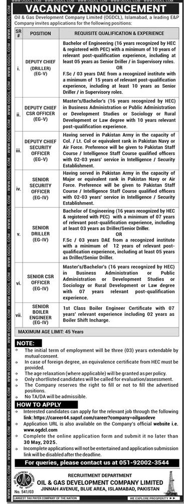 Oil & Gas Development Company Limited OGDCL Islamabad Jobs 2025
