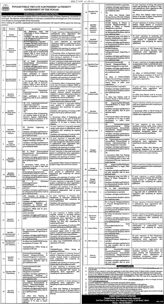 Punjab Public Private Partnership Authority P4A Finance Department of the Govt of Punjab Jobs 2025
