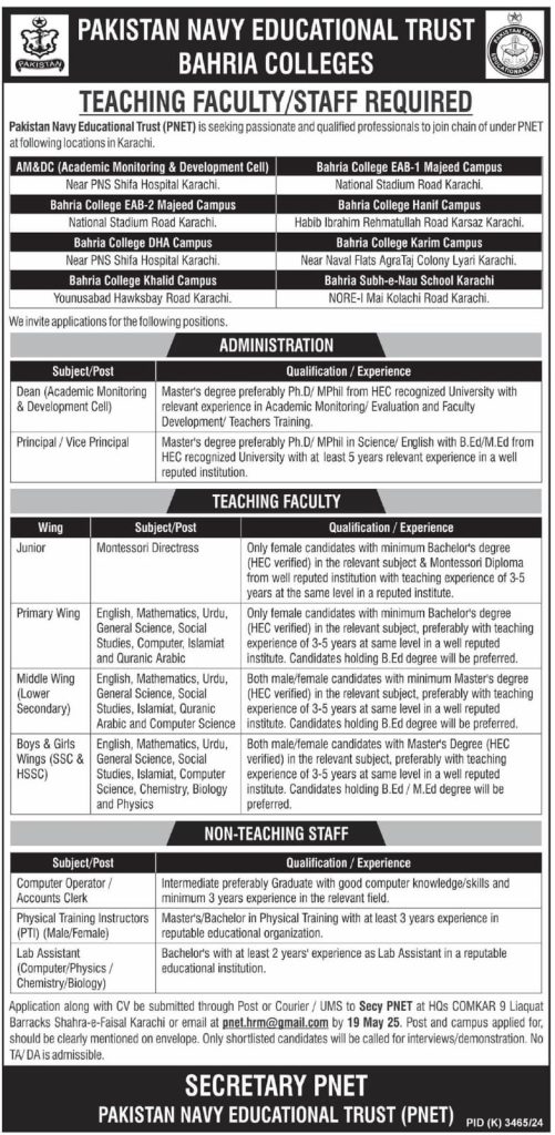 Pakistan Navy Educational Trust Bahria Colleges Karachi Teaching and Non Teaching Jobs 2025