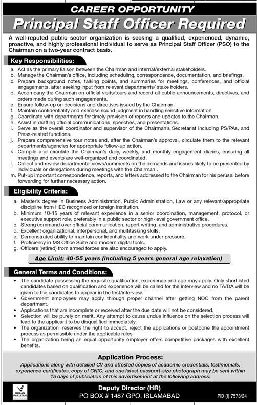 PO BOX 1487 GPO Islamabad Principal Staff Officer PSO Jobs 2025