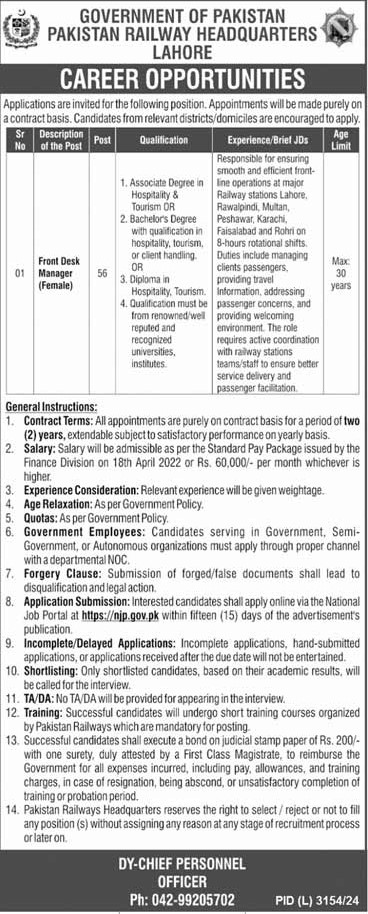 Pakistan Railways Front Desk Manager Jobs 2025
