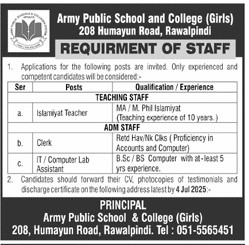 Army Public School and College Girls Rawalpindi Jobs 2025