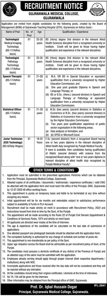 Gujranwala Medical College GTH Jobs 2025