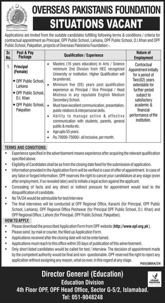Overseas Pakistanis Foundation OPF Principal Jobs 2025