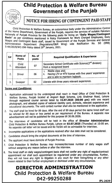 Child Protection and Welfare Bureau Punjab Jobs 2025