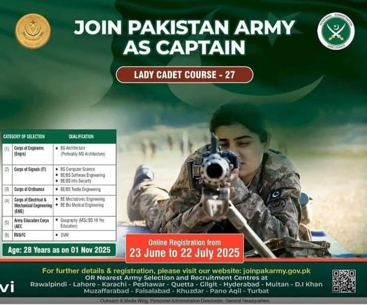 Join Pakistan Army as Captain Through Lady Cadet Course 27 Jobs 2025